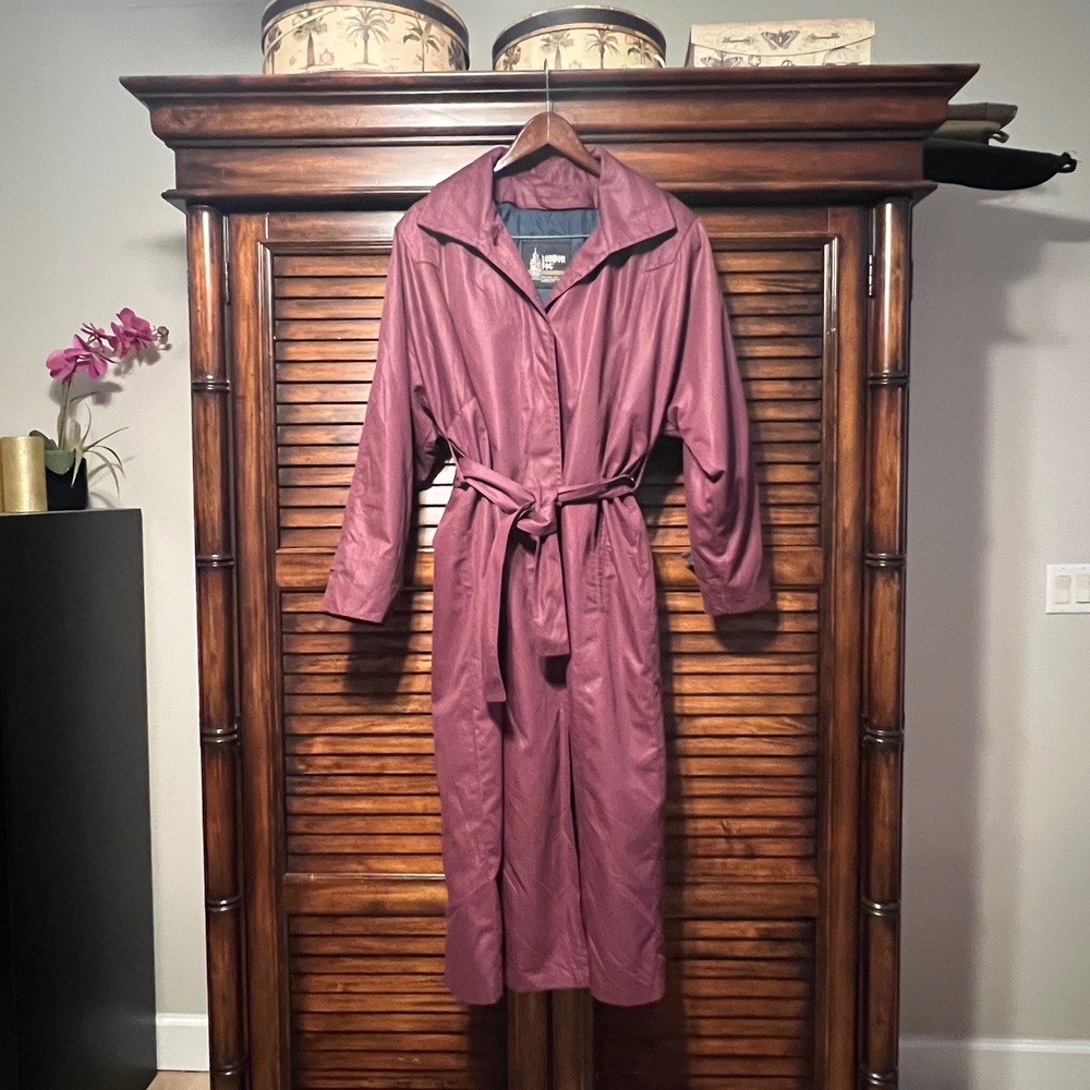 London Fog Vintage Burgundy Hooded Trench Coat Zip Out Lining Plum Womens 12 Reg
